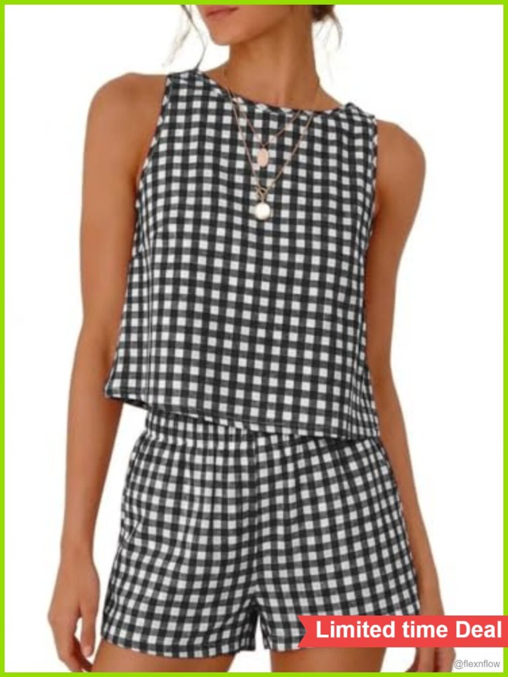 Womens 2 Piece Gingham Tank Top and Shorts Set Cotton Sleeveless